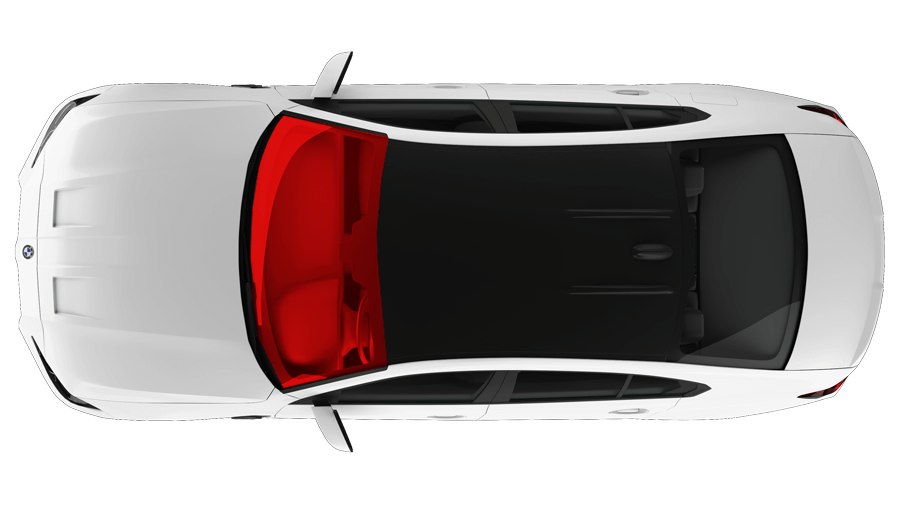 An aerial view of a white car with a red airbag.