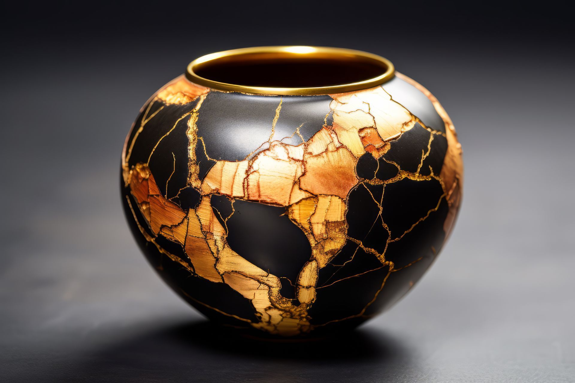 Black and gold ceramic vessel with visible kintsugi repairs.