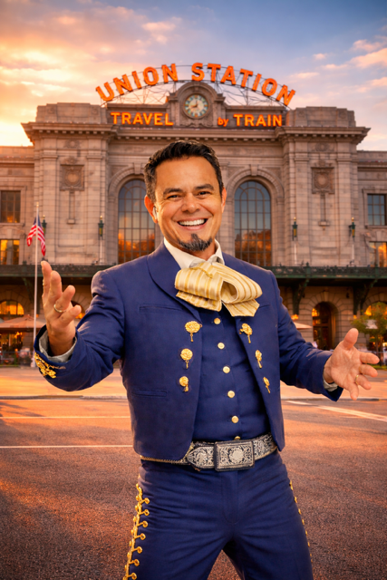 Man in a blue mariachi suit with arms outstretched, smiling. Indoors, bright room. Man in a blue mariachi suit with arms outstretched, smiling. Indoors, bright room.