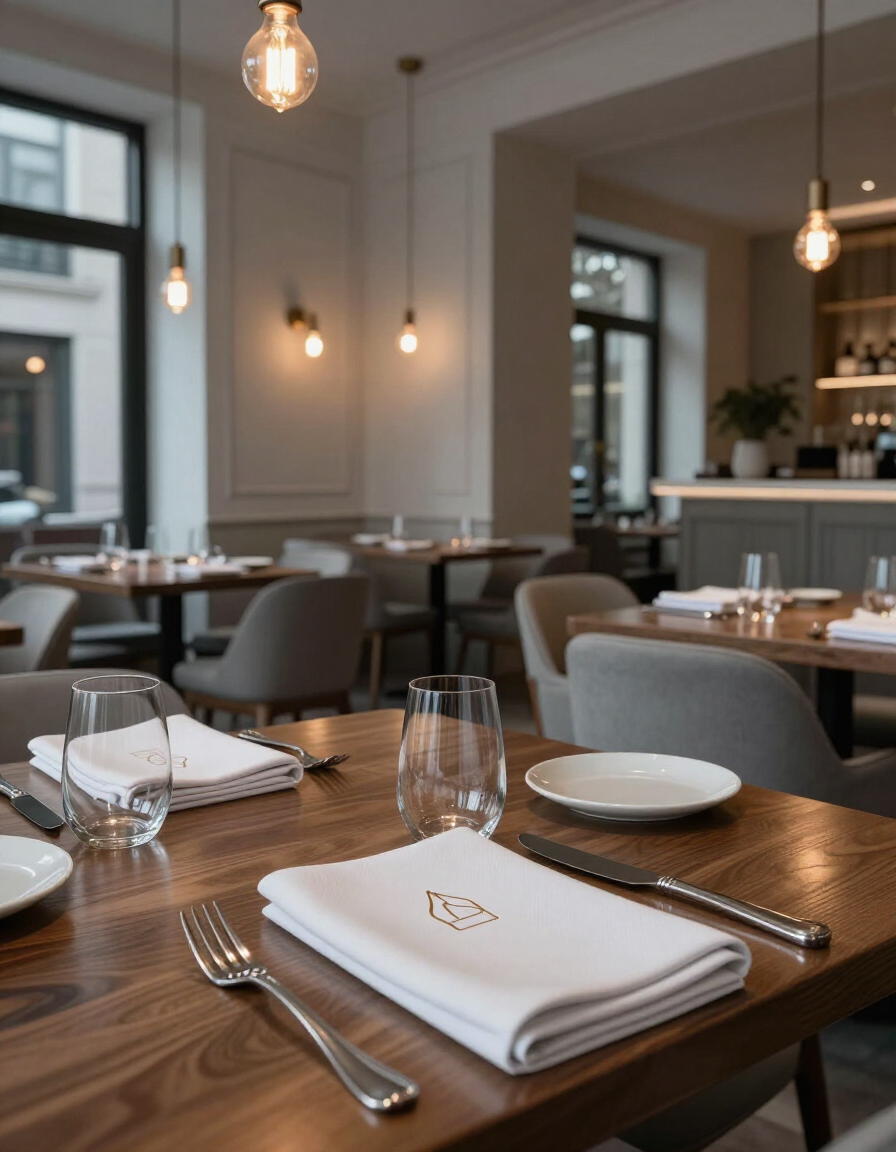 Styled restaurant interior with branded table settings