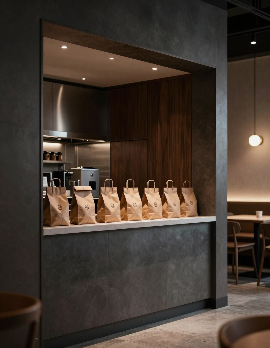 Restaurant interior with branded packaging
