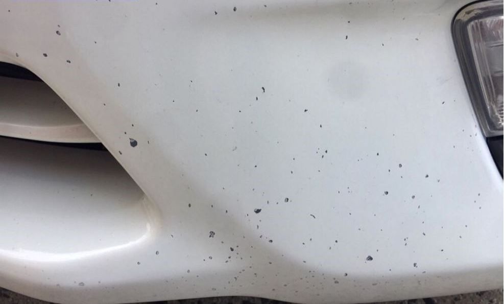 a close up of a white car bumper with black spots on it .