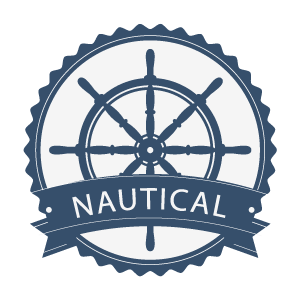 Navy blue nautical wheel emblem with the word 