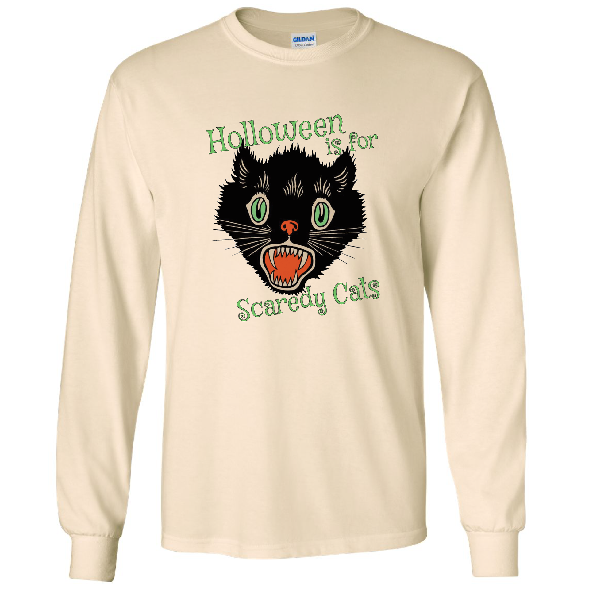A long sleeve shirt that says halloween is for scaredy cats