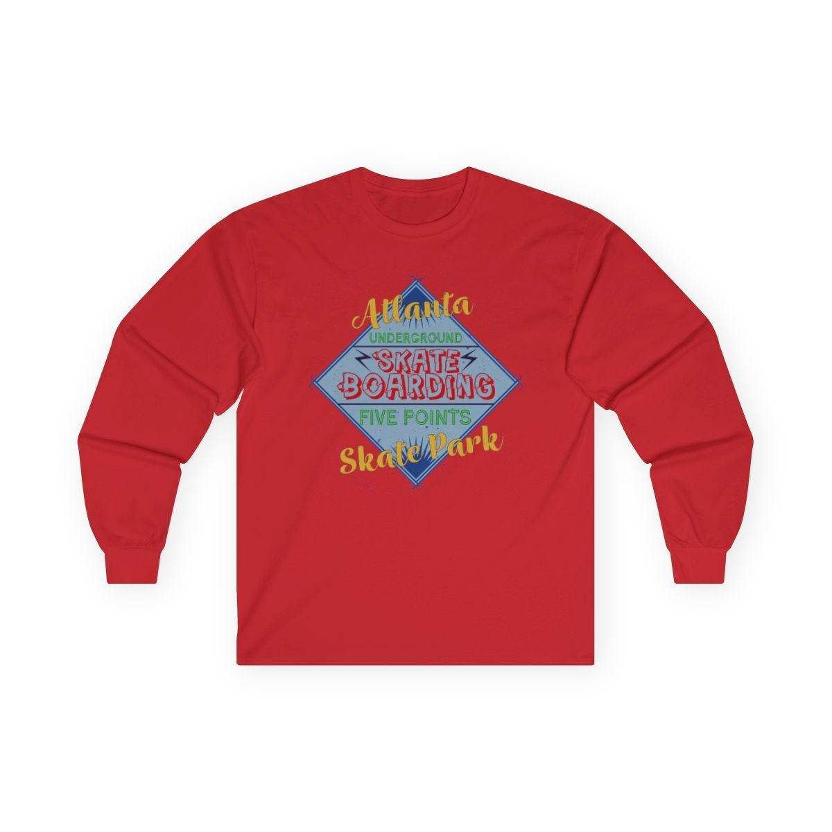 A red long sleeve shirt that says atlanta skate park