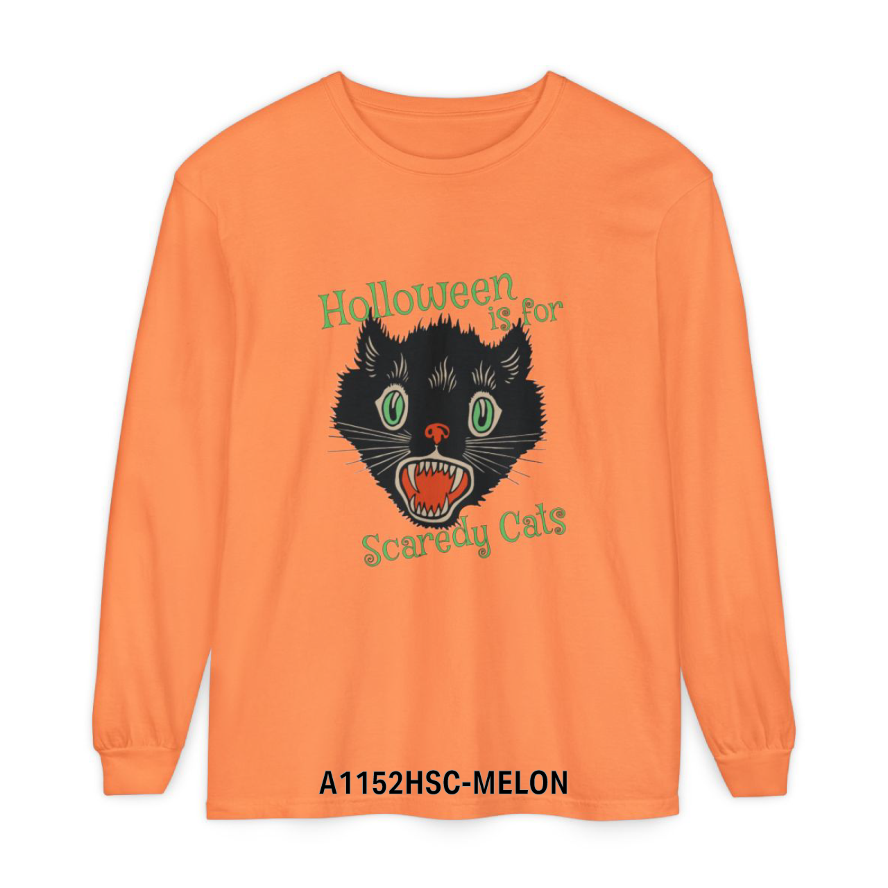 Orange long-sleeved shirt with a black cat graphic and the words "Halloween is for Scary Cats" in green.