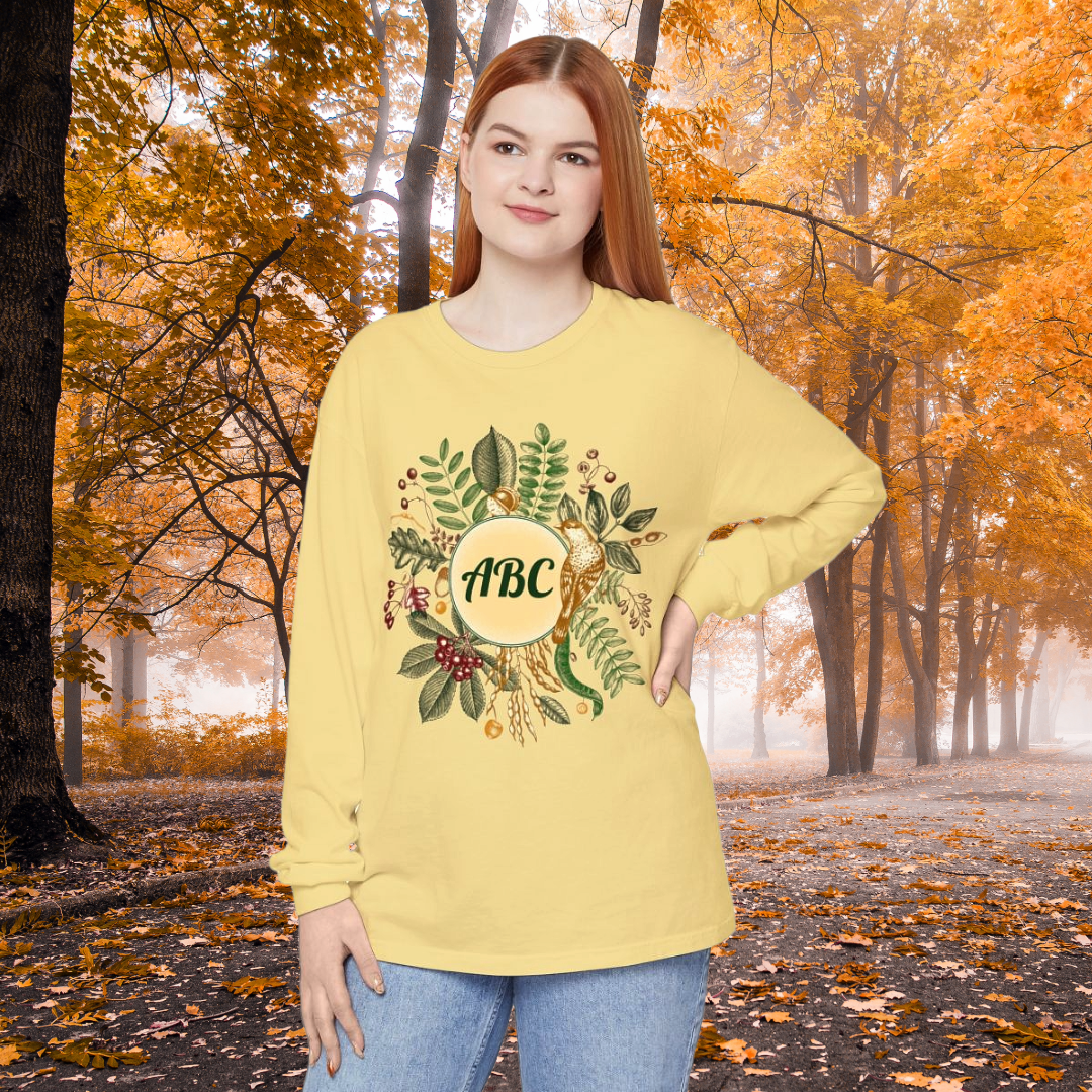 Yellow long-sleeved shirt with a floral wreath and 