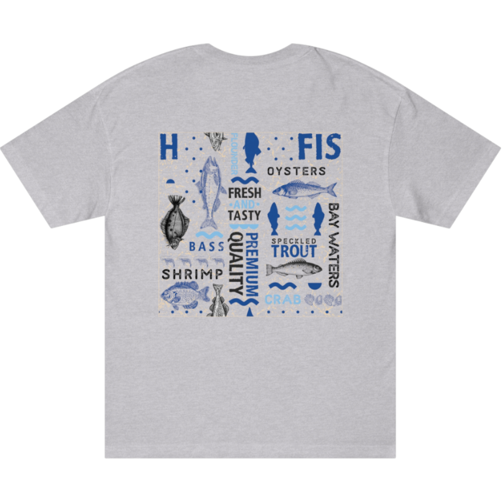 White t-shirt with a blue fish graphic featuring different types of seafood and text.