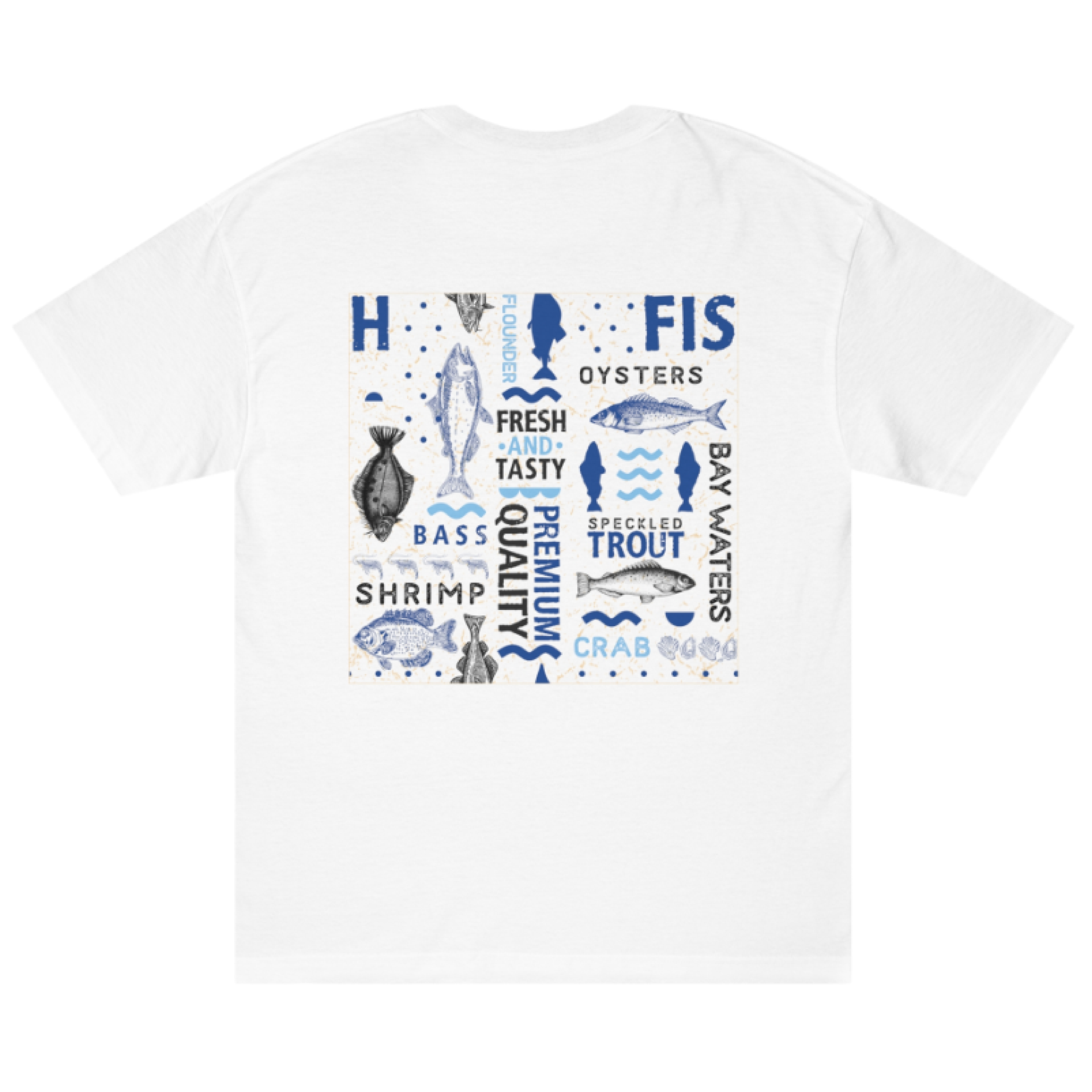 A white t-shirt with a picture of fish and oysters on it.