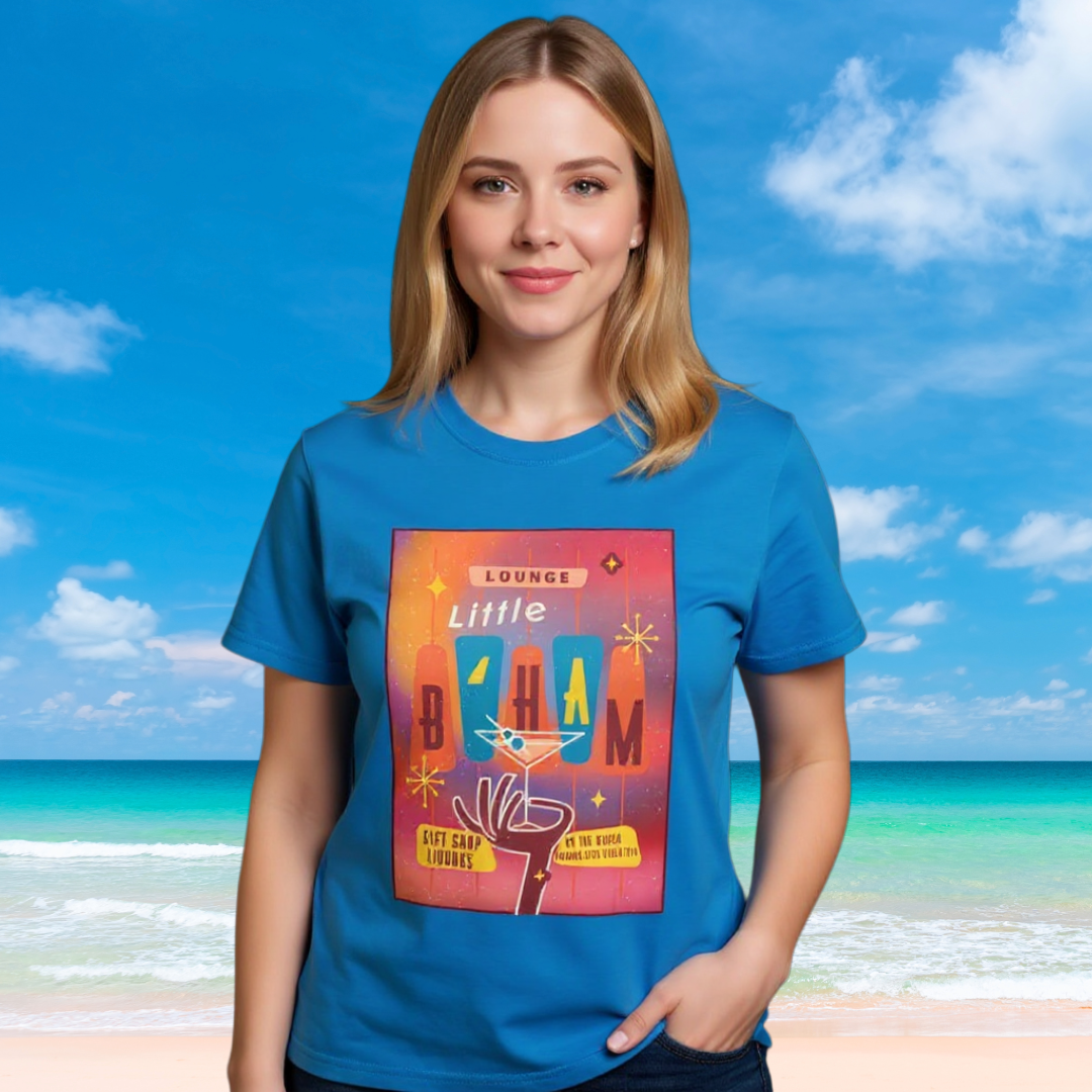 White t-shirt with a retro poster design: