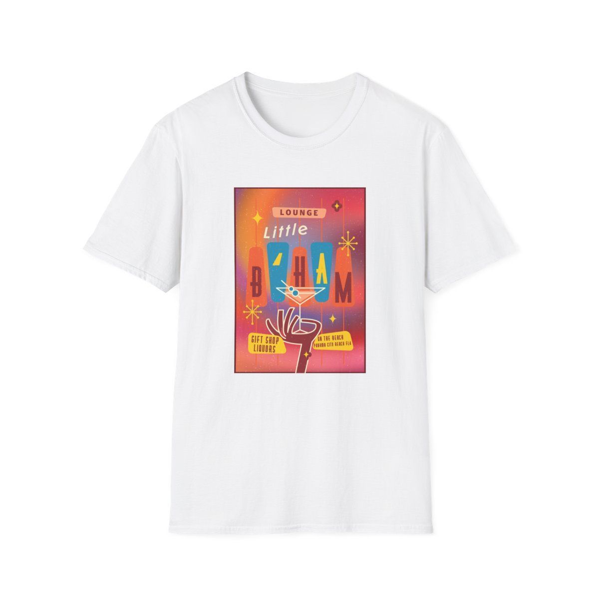 T-shirt with a colorful retro-style graphic. It reads "Lounge Little B'ham" with a cocktail glass.