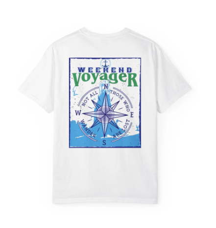 The back of a white t-shirt with a compass on it.