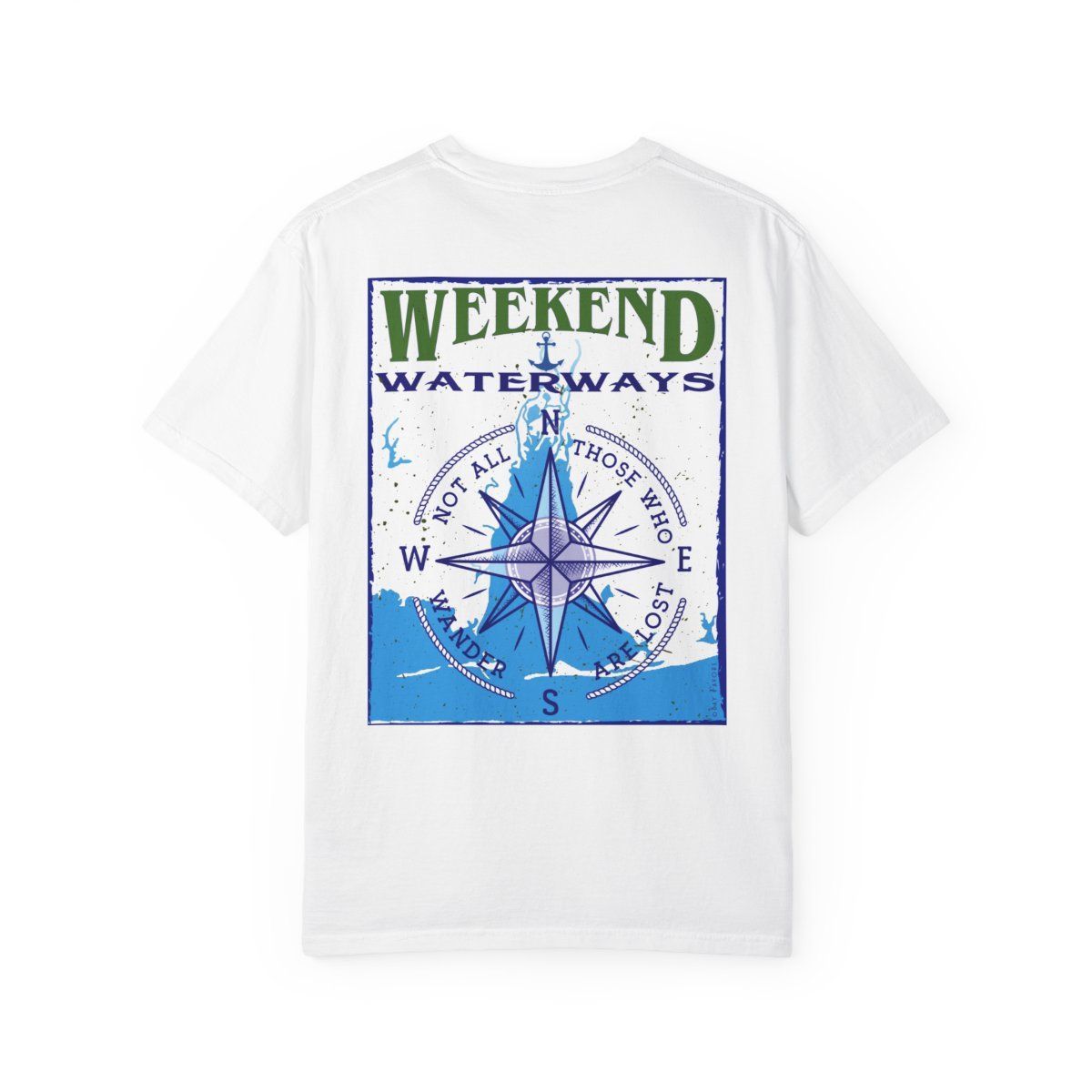 The back of a white t-shirt with a compass on it.