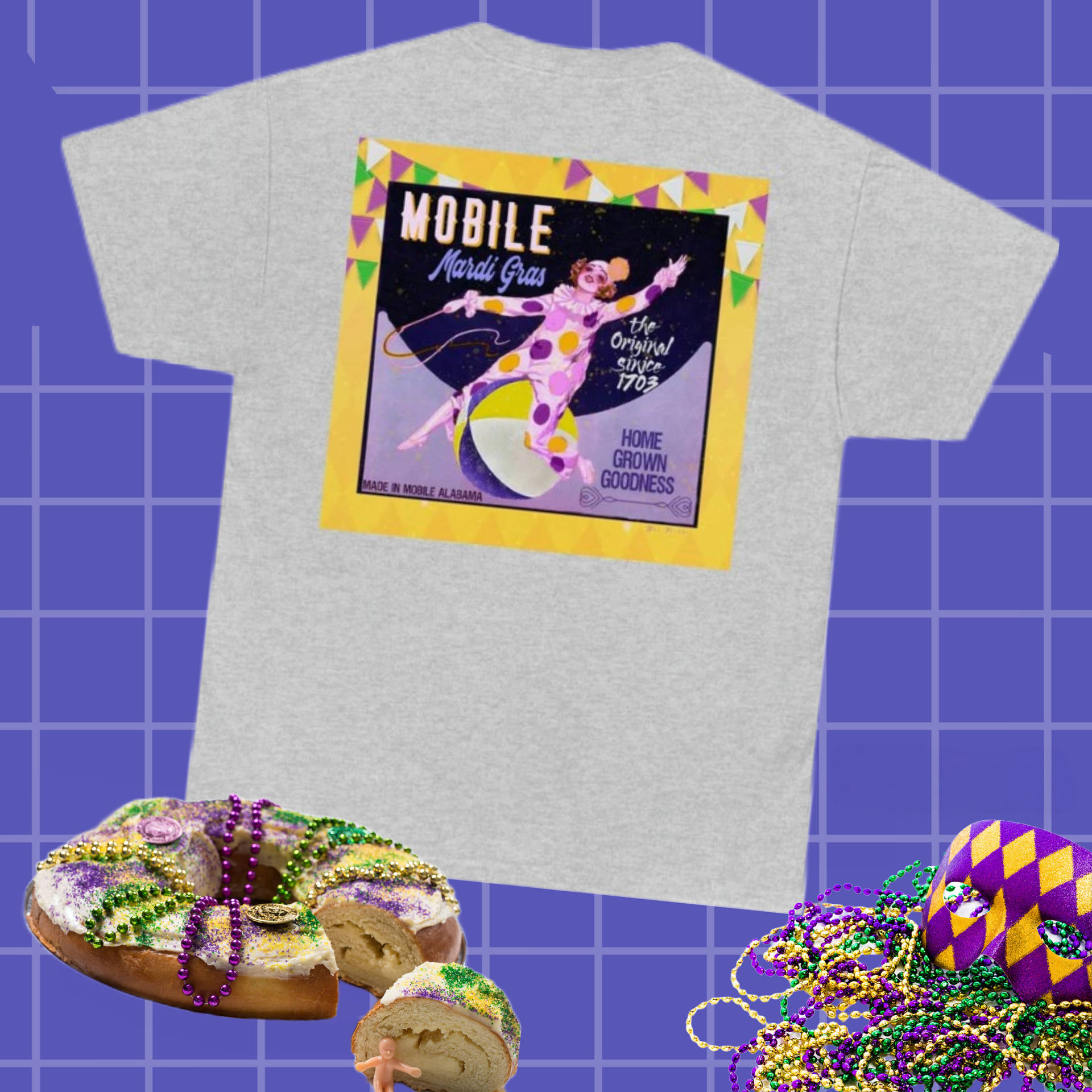 White t-shirt with a Mobile Mardi Gras graphic: a woman in costume on a ball.