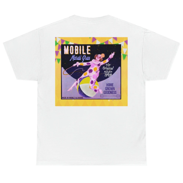 White t-shirt with a Mobile Mardi Gras graphic: a woman in costume on a ball.
