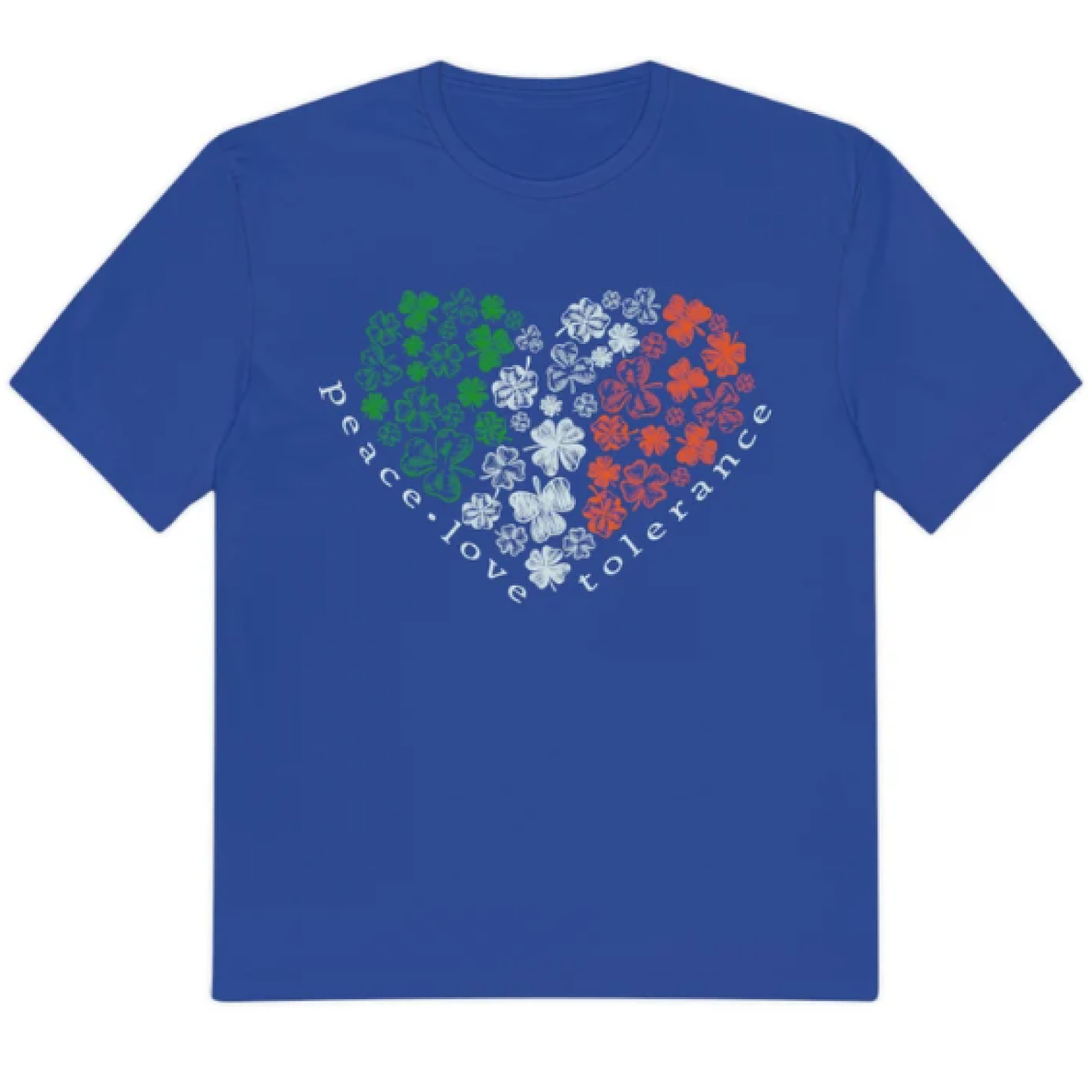 A St. Patrick's t-shirt that says peace, love and tolerance
