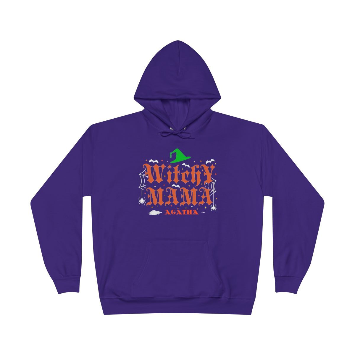 Personalized purple hoodie with "Witchy Mama Agatha" text and witch hat graphic.