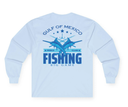 Light blue long-sleeved shirt with "Gulf of Mexico Fishing" design featuring two marlin and fishing hook in blue.