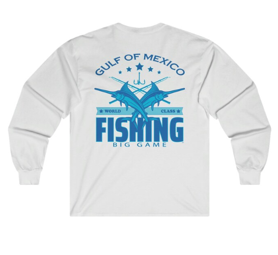 A white long sleeve shirt that says gulf of mexico fishing big game