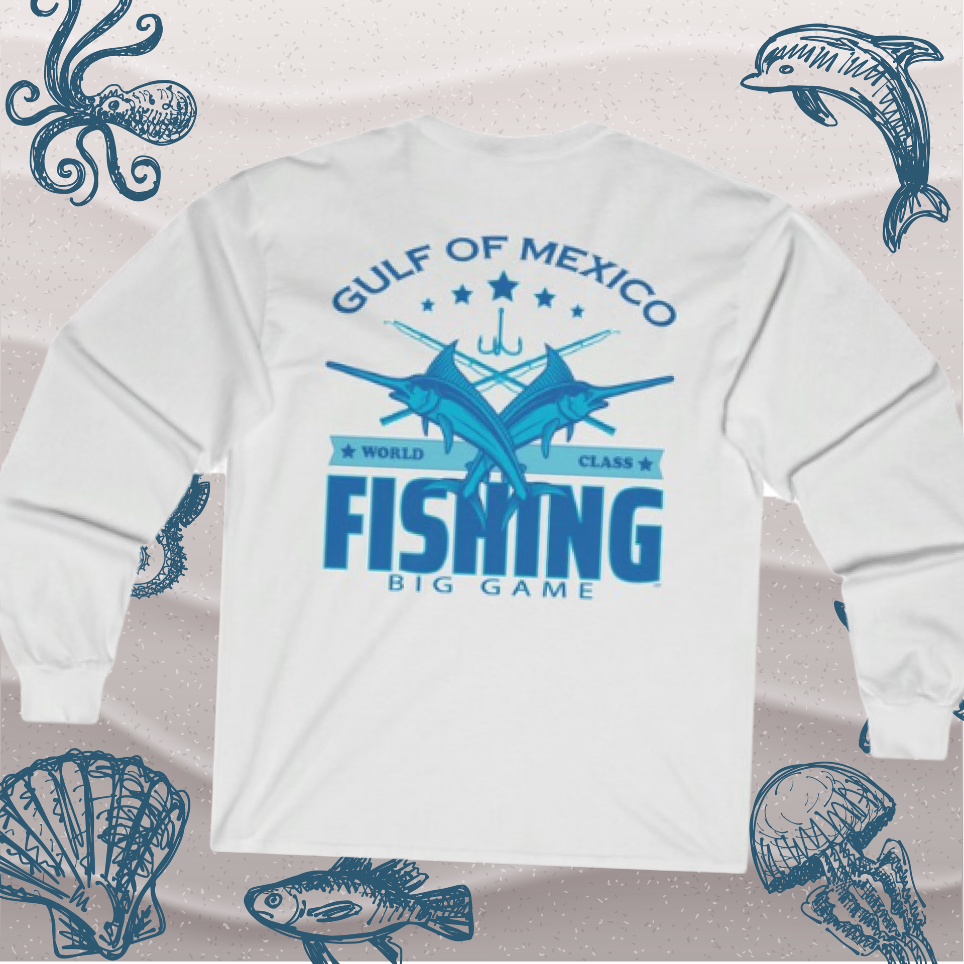 White long-sleeve shirt with "Gulf of Mexico Fishing" logo featuring crossed blue marlins.