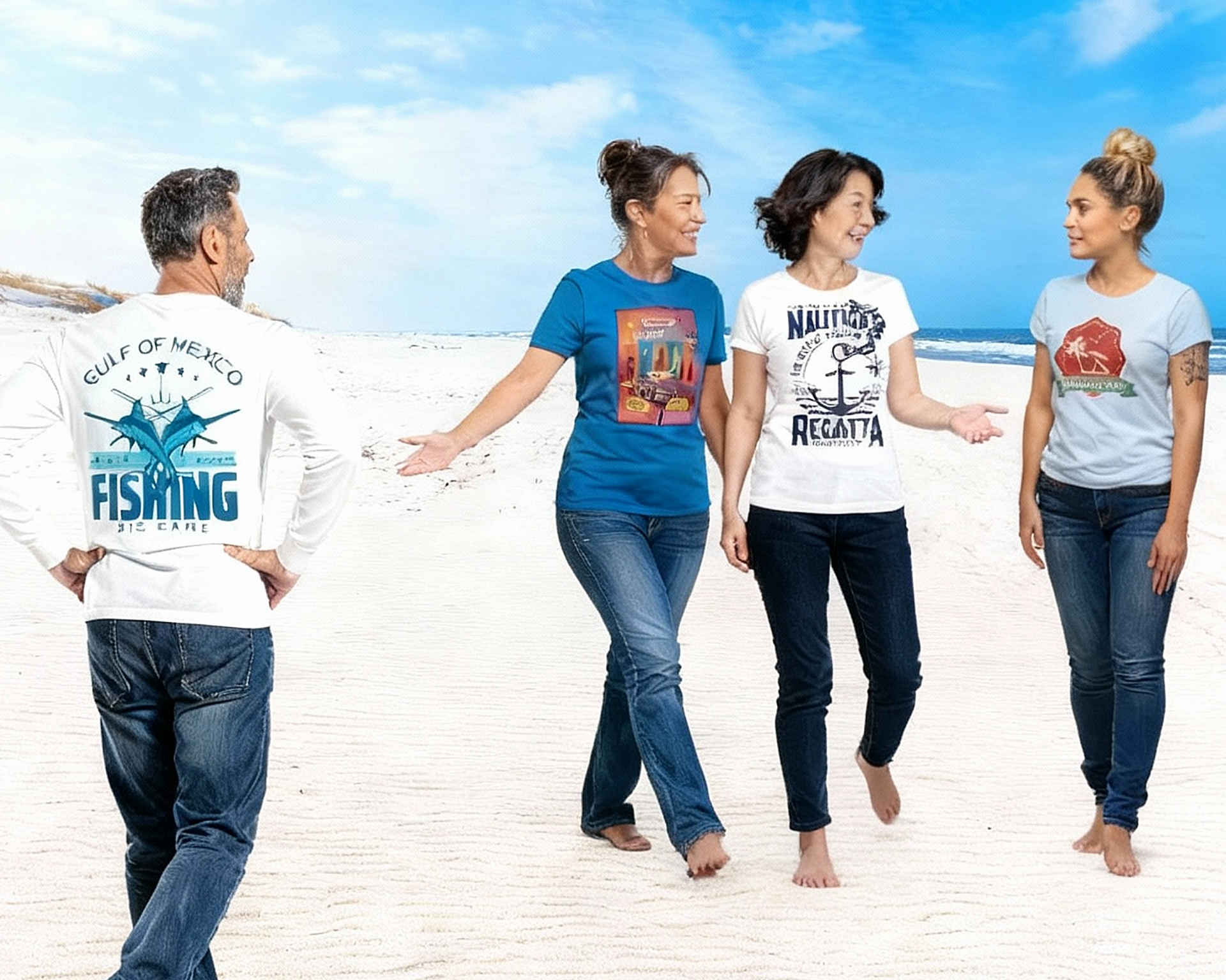Four people on a beach wearing graphic t-shirts. Two women walking, one man facing away, and another woman smiling.