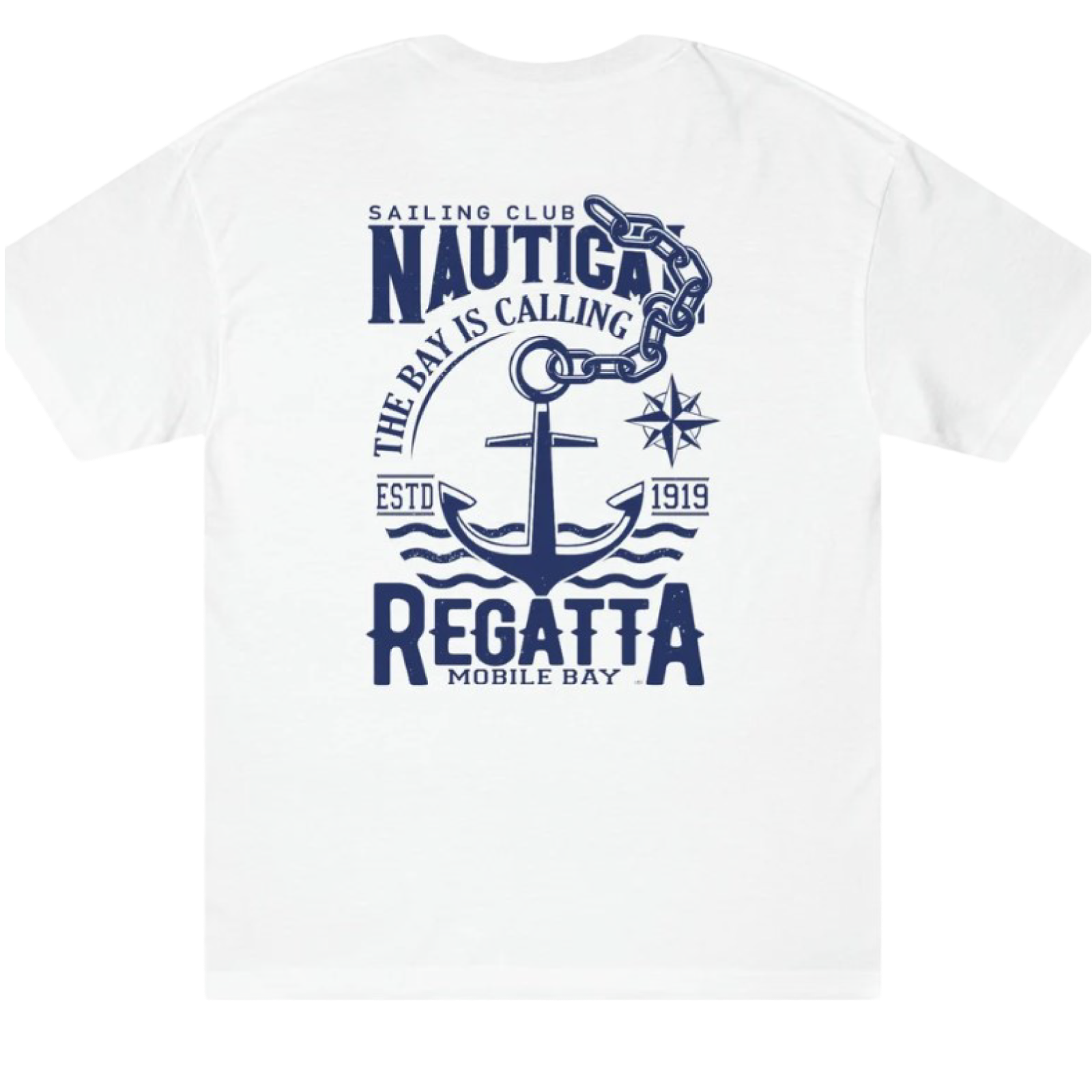A white t-shirt that says nautica the bay is calling regatta mobile bay