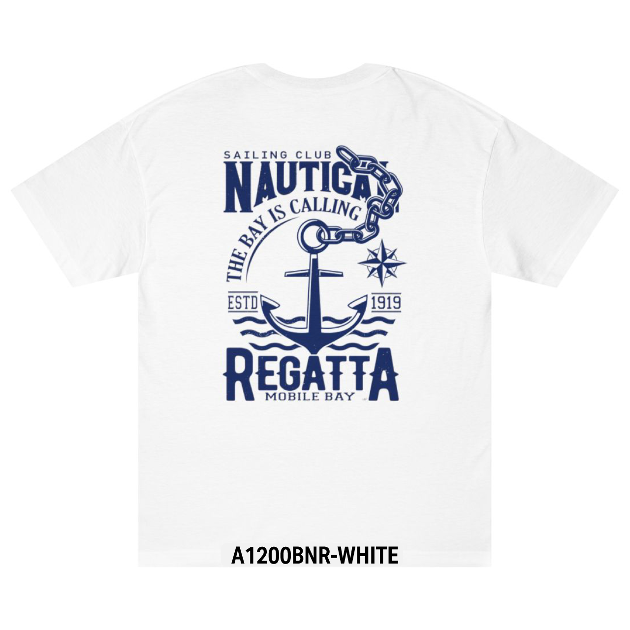 White t-shirt with a blue Nautica Regatta graphic, including an anchor and text "The Bay Is Calling".
