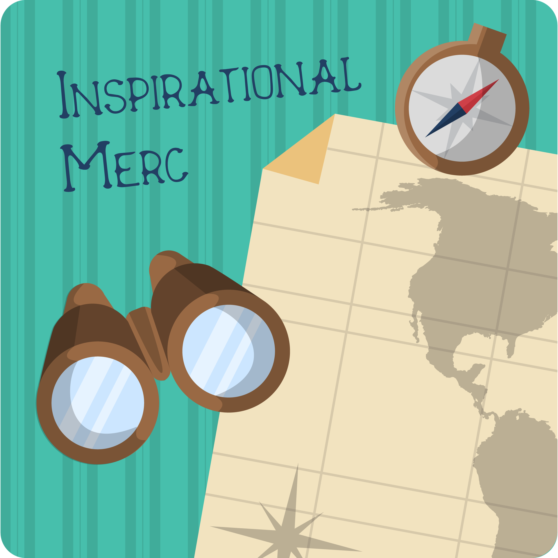 Illustration with binoculars, compass, map, and text
