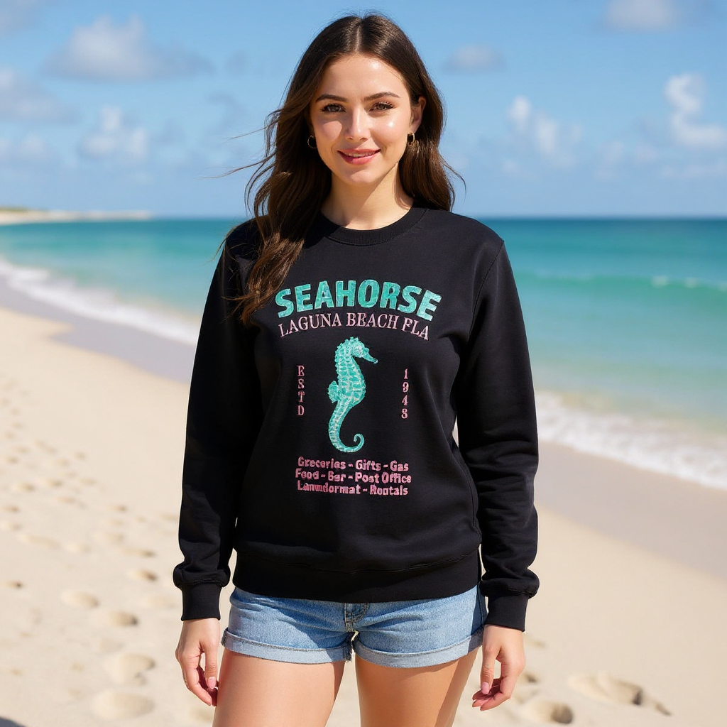 Navy blue sweatshirt with teal and pink