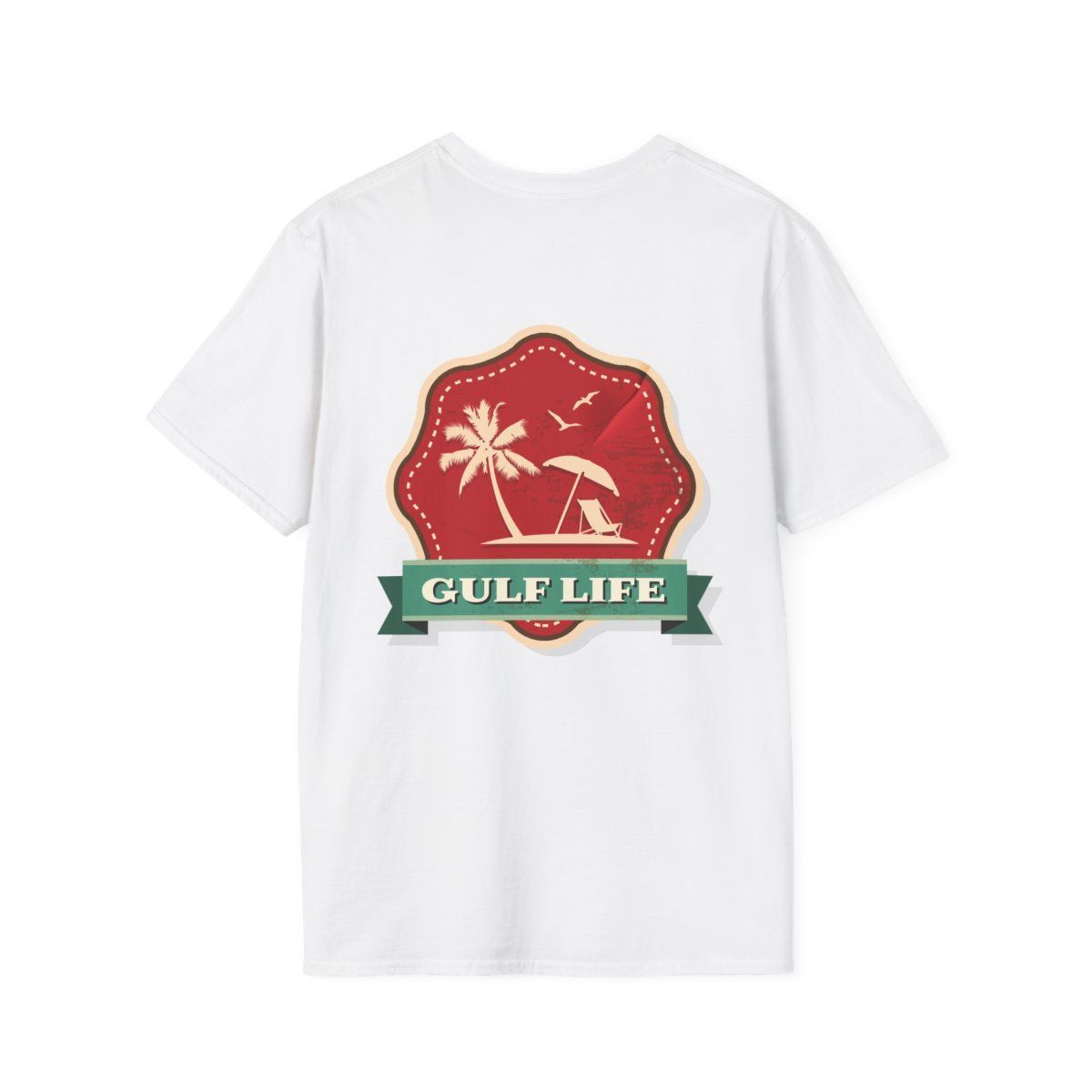 White t-shirt with a red and green "Gulf Life" logo on the back, depicting a beach scene with a palm tree.