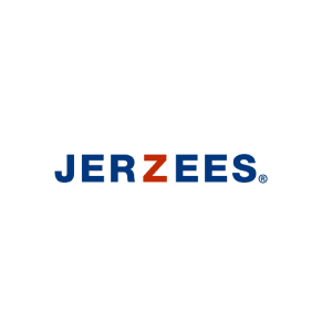 Jerzees logo with blue and red text on a white background.