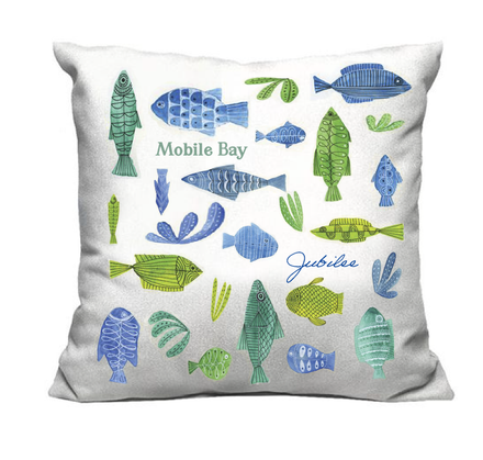 Square throw pillow with watercolor illustrations of various blue and green fish with 