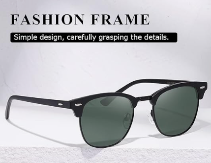 Black sunglasses with green lenses, on a white surface.