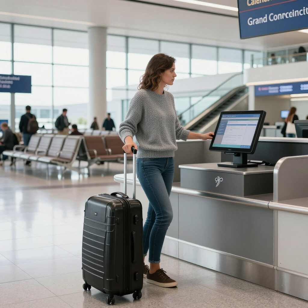 Una persona con una maleta se encuentra en un quiosco de autoservicio del aeropuerto para facturar en un mostrador.