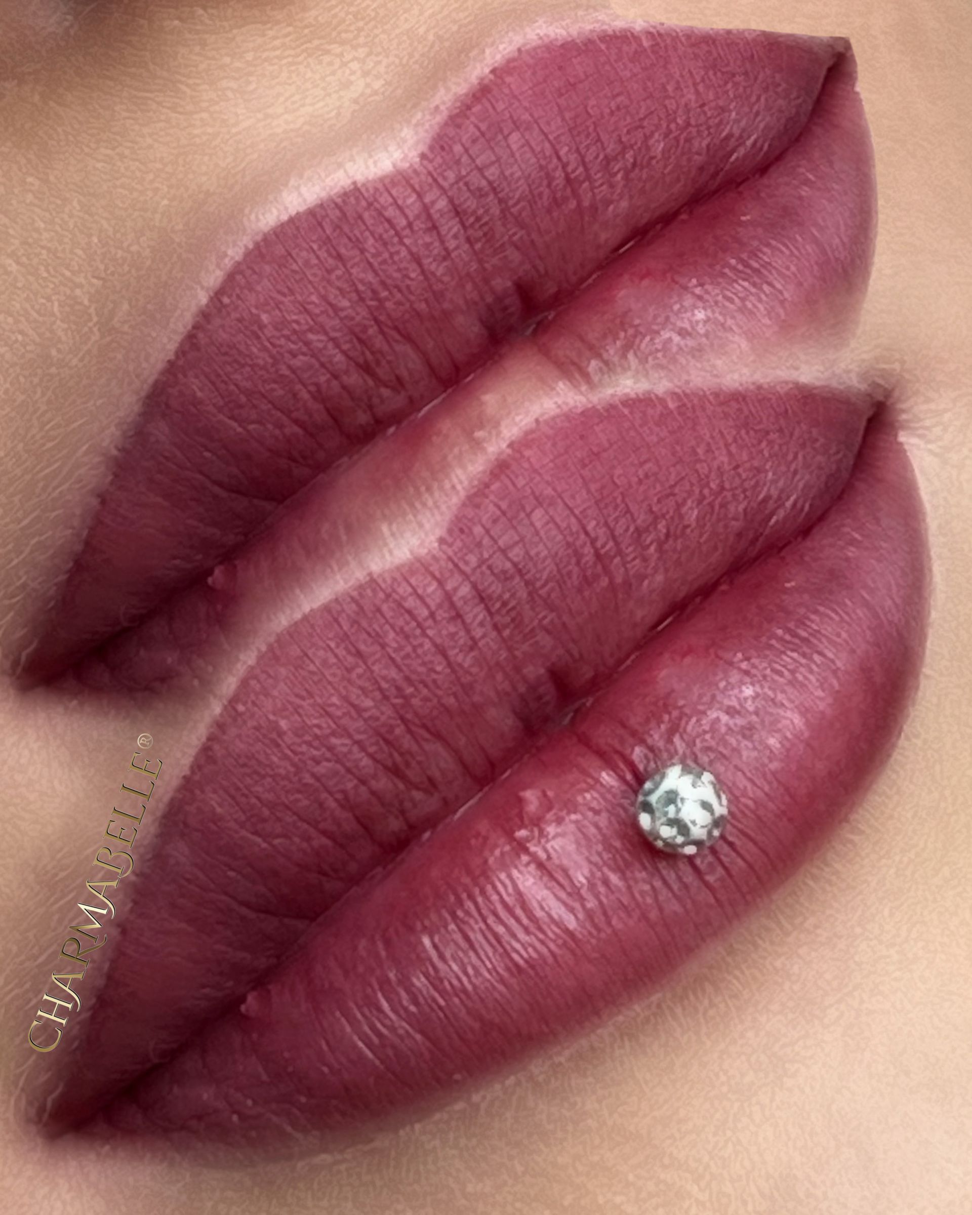 Nahaufnahme voller, dunkelroter Lippen mit einem kleinen Edelsteinpiercing.