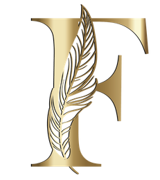 Der Buchstabe F ist mit einer Feder auf weißem Hintergrund verziert.
