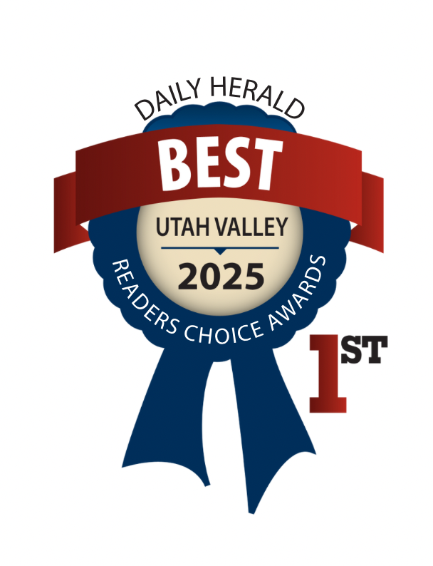Daily Herald Best of Utah Valley Readers' Choice Awards logo, 2025. Blue ribbon with red banner;