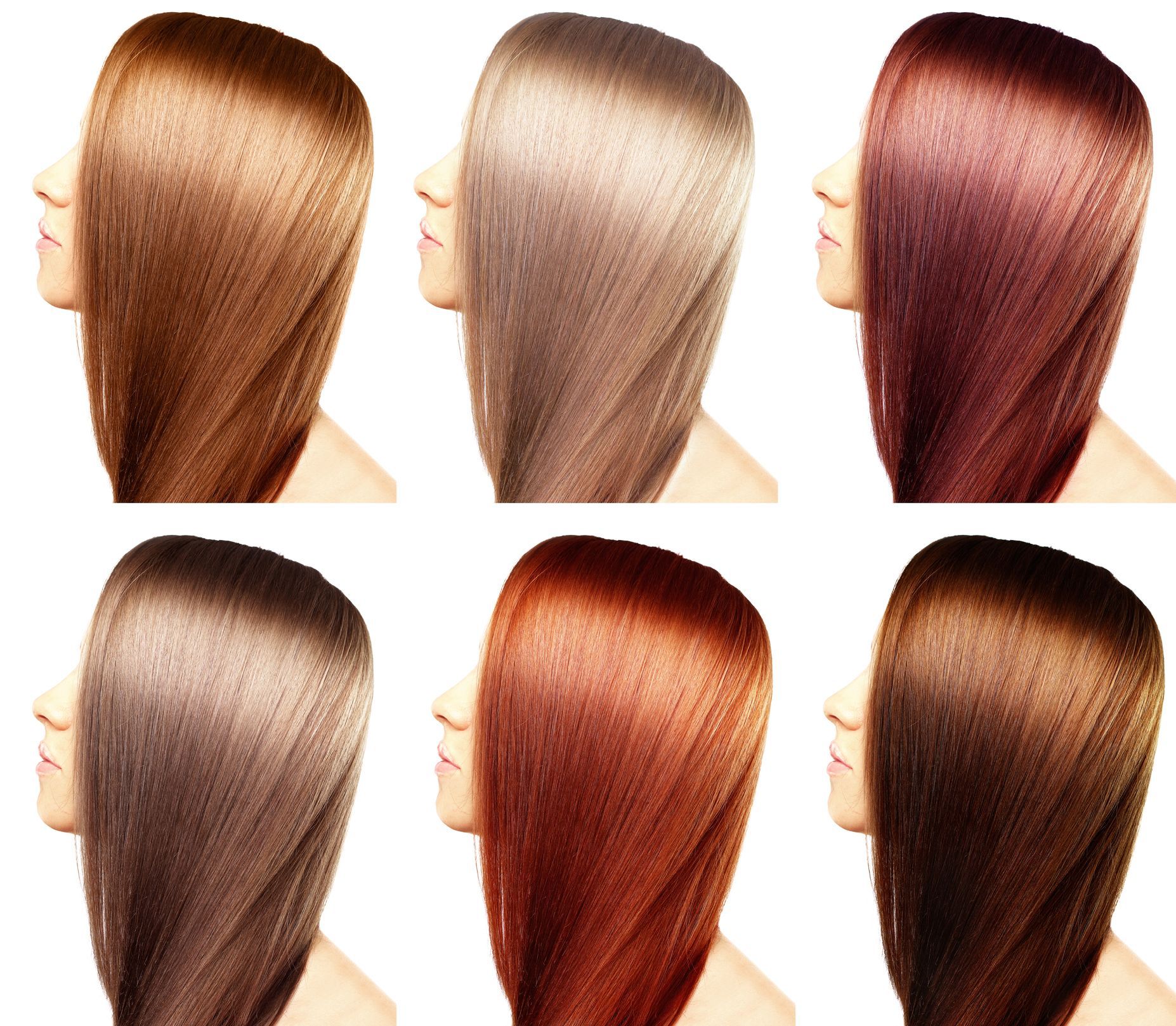 Hair color chart on woman’s hair, showcasing diverse shades available at a hair coloring salon.