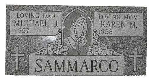 Headstone for Michael J. and Karen M. Sammarco. Features praying hands, cross, flowers, and names/birth years.