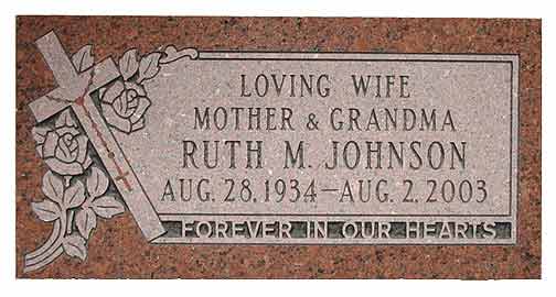 Gravestone for Ruth M. Johnson, August 28, 1934 - August 2, 2003, with cross and rose details.