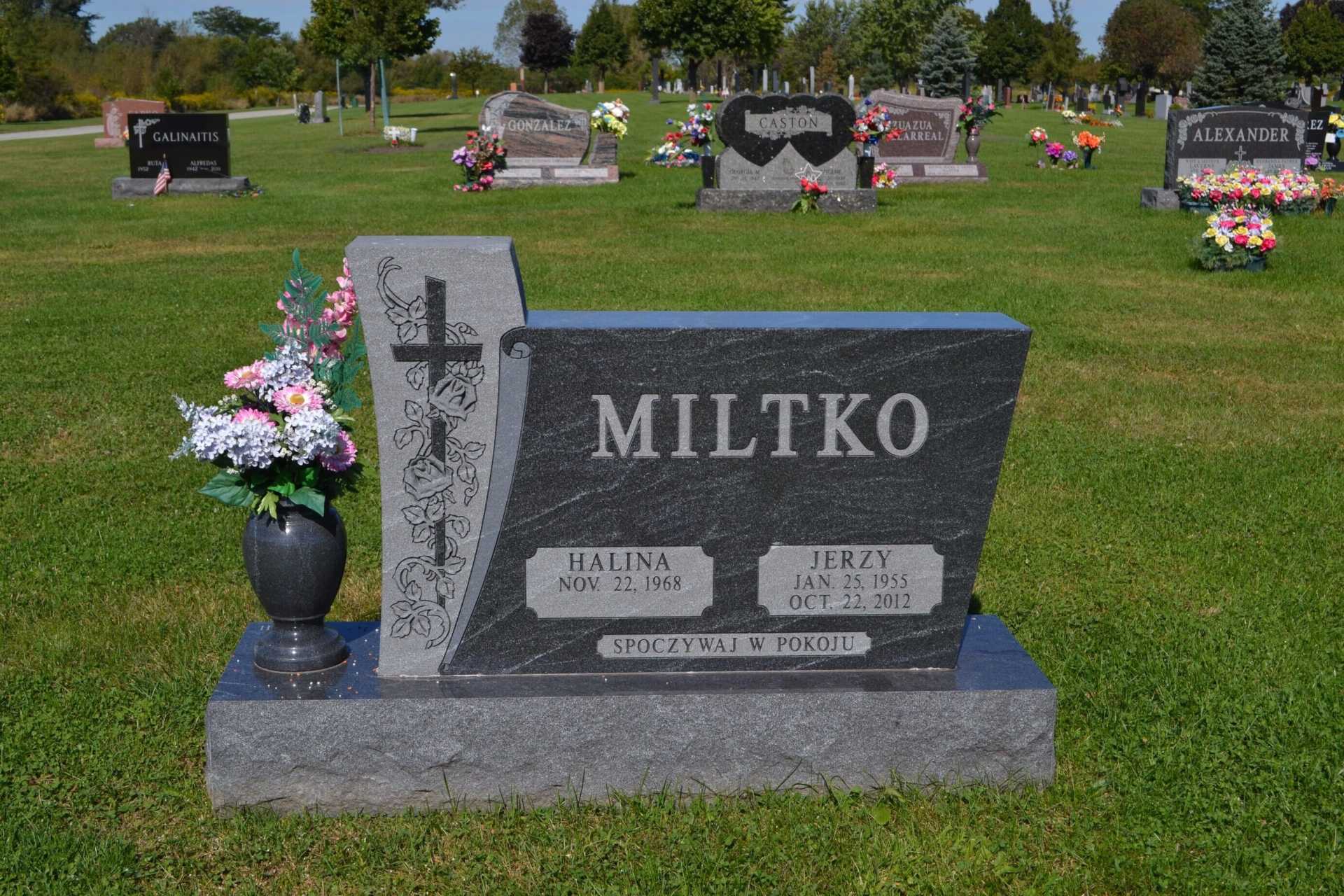 Headstone in a cemetery, gray granite with the name MILTKO.