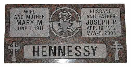 Headstone for Mary M. (1911-), Joseph P. (1912-2003) Hennessy, with a Claddagh symbol, crosses.