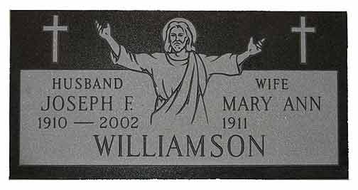 Headstone of Joseph E. Williamson (1910-2002) and Mary Ann Williamson (1911), with Jesus graphic and crosses.