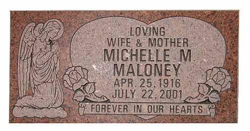 Pink headstone with an angel, heart, roses, and the inscription: Michelle M. Maloney (1916-2001), 