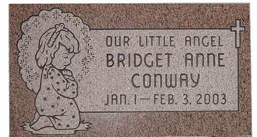 Gravestone for Bridget Anne Conway, with an angel illustration and dates Jan. 1 - Feb. 3, 2003.