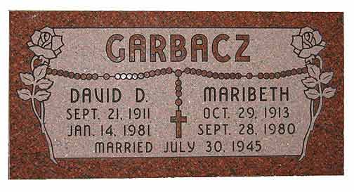 Grave marker for David D. and Maribeth Garbacz. Dates of birth, death, and marriage are inscribed. Rose decoration.