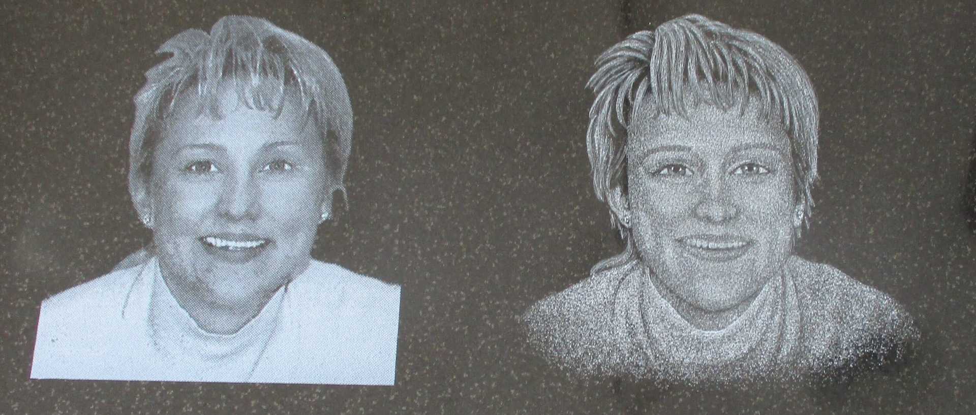 Two engraved portraits of a smiling woman, side by side, with short, light hair, on a dark background.