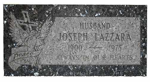 Headstone for Joseph Lazzara, including birth and death years, with a dove and cross emblem, reading 