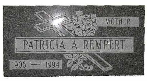 Headstone for Patricia A. Rempert, with cross and rose; dates 1906-1994; inscribed 