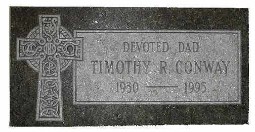 Gravestone of Timothy R. Conway, 1930-1995, with a Celtic cross and the inscription 